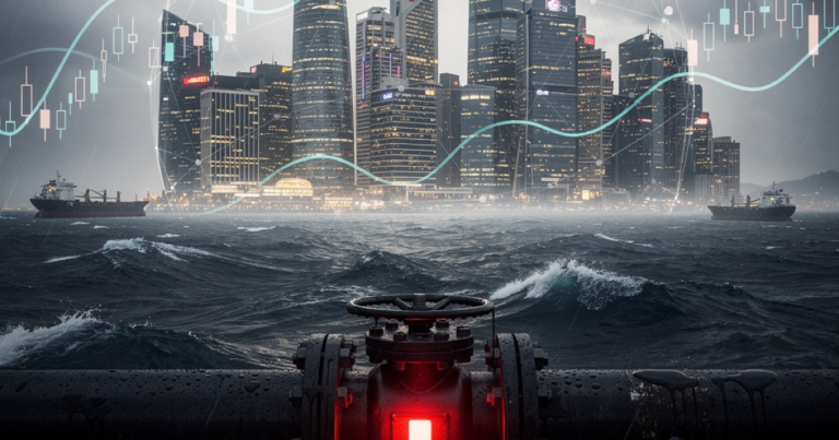 Oil tanker routes and Asian financial skyline during energy shock